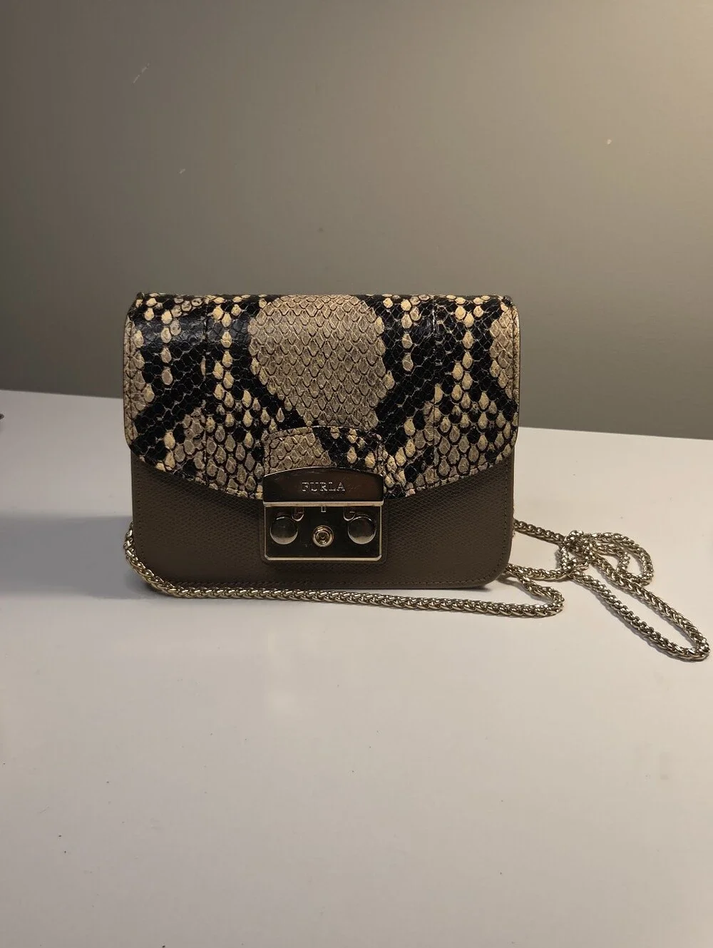 Furla Taupe and Black Snake-Print Crossbody Bag Leather